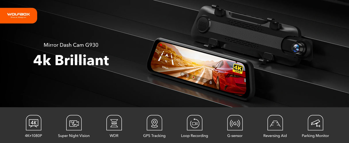 WOLFBOX G930 10 Inch Wifi Dash Camera 4K Car DVR FOV 140 Mirror Camera Dash Cam Car 24H Parking View Touch Screen Video Recorder