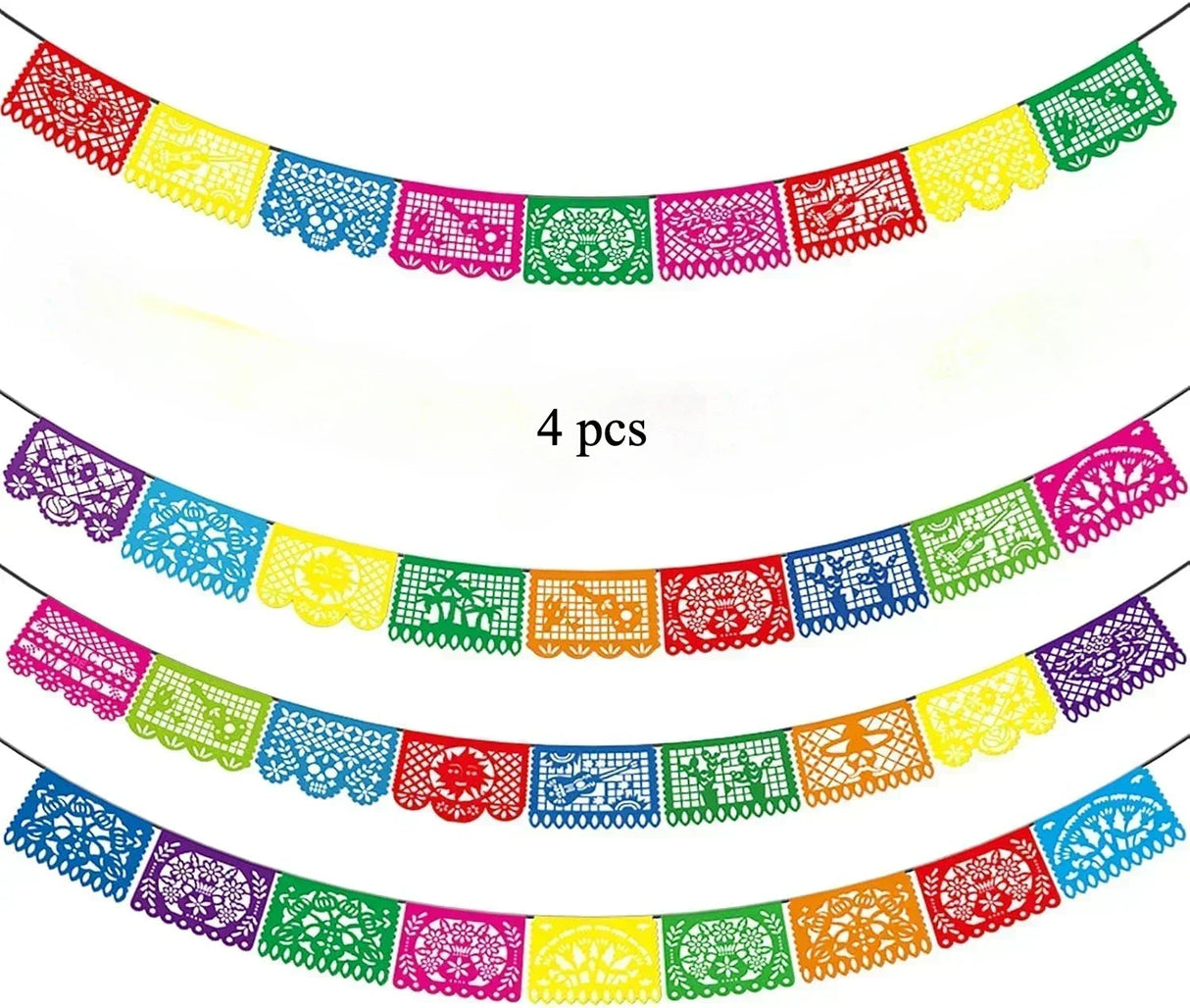 4 PCS Mexican Party Banners, Plastic Papel Picado Mexico Decor, Easter Decor, , Day of The Dead Decoration, 18 Feet Total - Lootquake