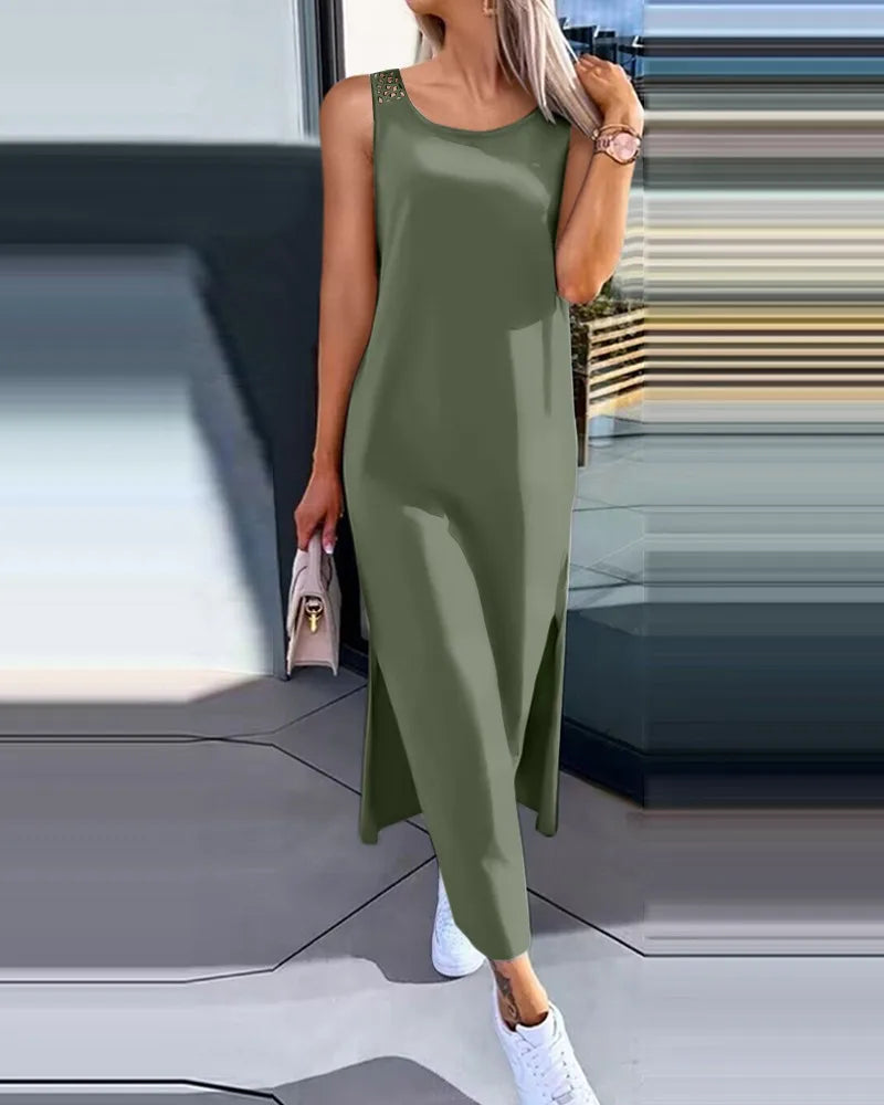 Hollow Out Solid Long Dress Women Fashion Sleeveless O-neck Maxi Dresses For Women 2024 Summer Women's Slim Split Vestidos Black - Lootquake