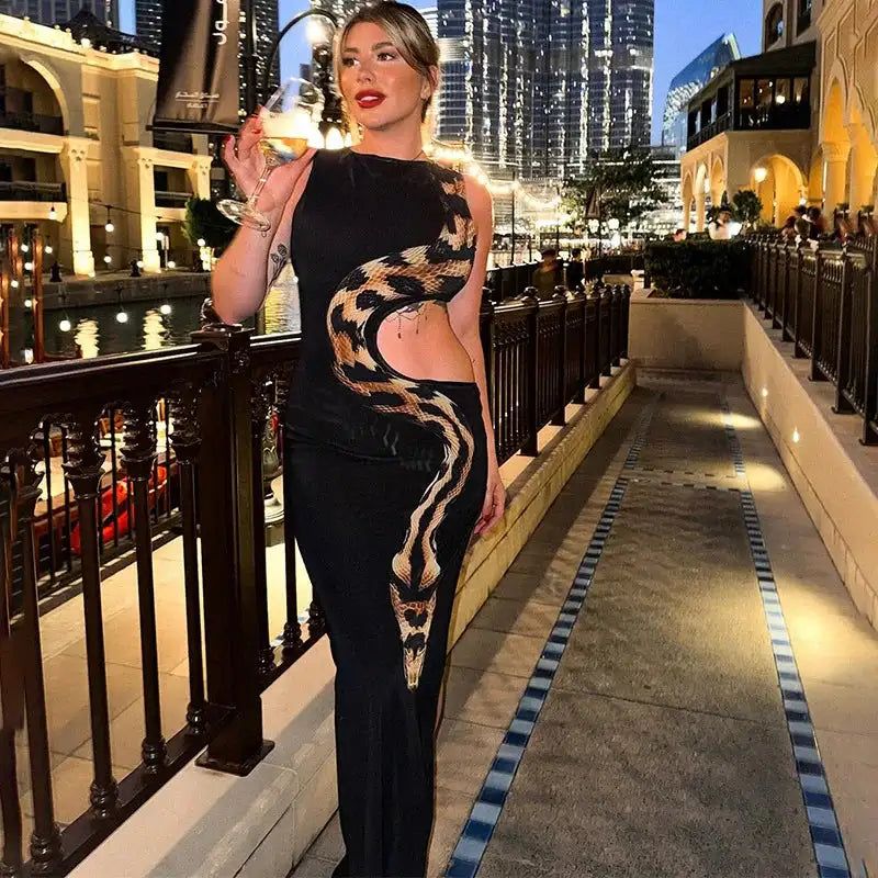 Tossy Python Printed Hollow Out Maxi Dress Female Slim Sexy Side Split Sleeveless Contrast Summer Party Dress Women's Long Dress - Lootquake