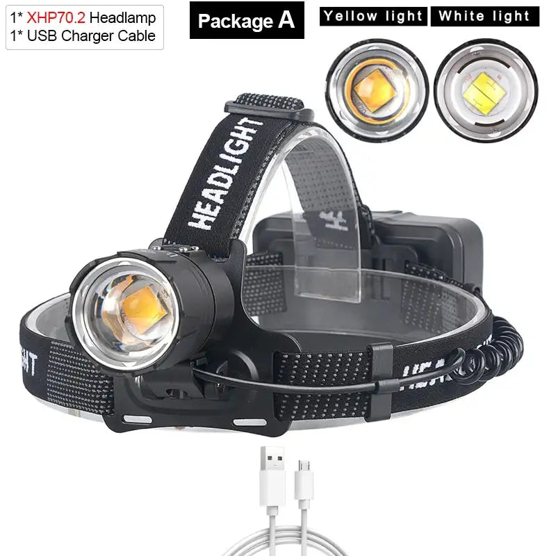 Linterna frontal LED XHP70.2 con 3 pilas 18650, linterna frontal LED amarilla o blanca más potente, ideal para pesca, camping y zoom.