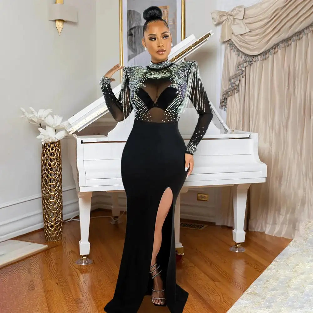 CM.YAYA Women Mesh See Through Long Sleeve Diamonds Hot Rhinestones Mermaid Long Dress Fall Evening Sexy Party Dresses Vestidos - Lootquake