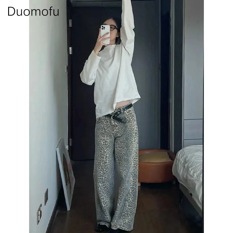 American Washed Leopard Print Wide Leg Jeans for Women Retro Street Distressed New Harajuku Style Hottie Baggy Y2K Casual Pants - Lootquake