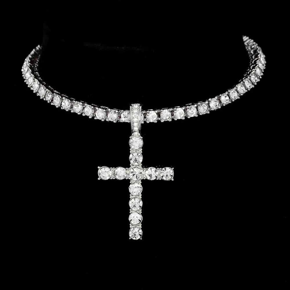 Hip Hop Cross Pendant Necklace Strap 4mm Zircon Tennis Chain Iced Out Sparkling Necklace Men Women Punk Jewelry Fashion Gift - Lootquake