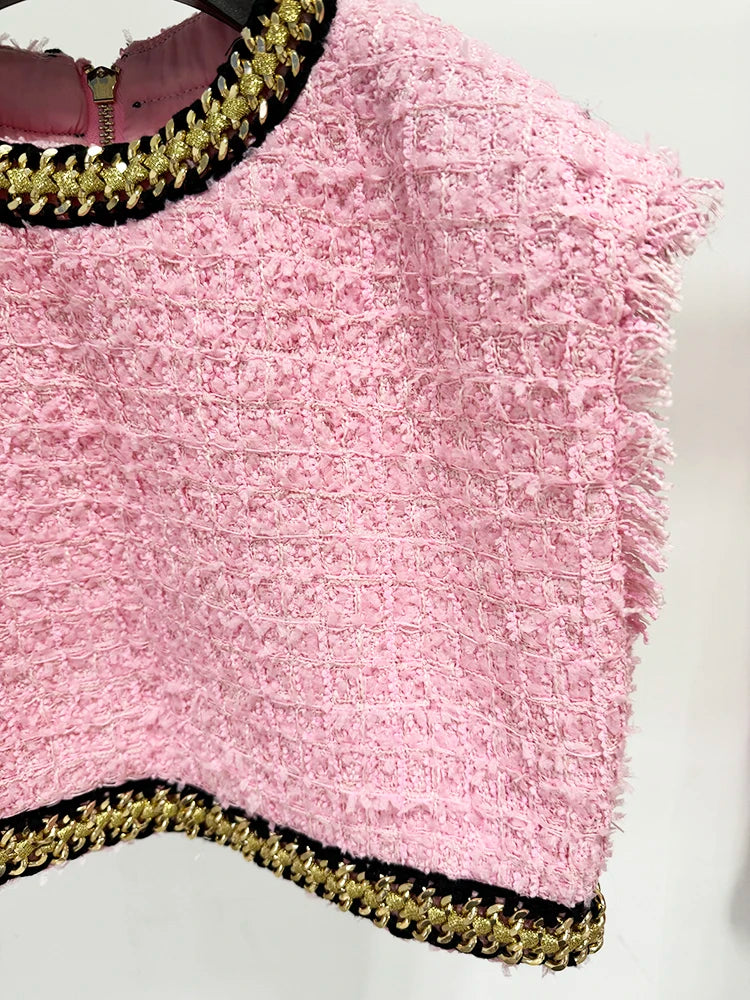 HIGH STREET Newest 2024 Runway Designer Fashion Women's Sleeveless Metal Chains Embellished Tweed Vest Cropped Tank Top - Lootquake