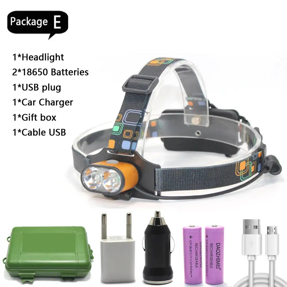 8000 lumen T6 Led lighting 2*T6 USB Hunting Headlamp Fishing Head light headlight Bike lights 3 Modes LED Headlight - Lootquake