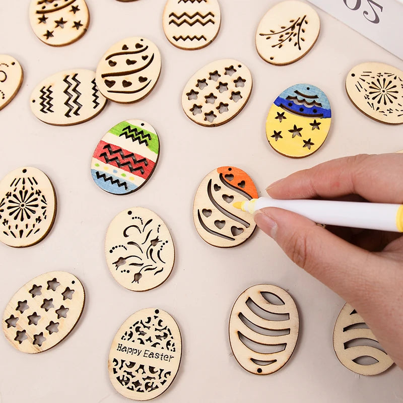 25/50Pcs Easter Eggs Wooden DIY Craft Hanging Ornaments Hollowed Wood Chips Happy Easter Party Decorations For Home Kids Gift - Lootquake