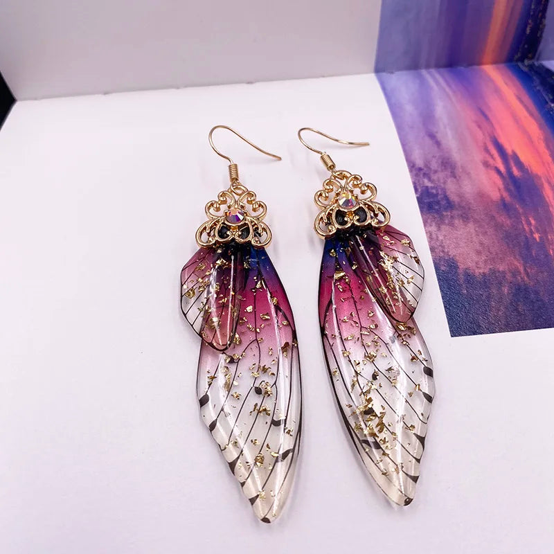 New Handmade Fairy Simulation Wing Earrings Insect Butterfly Wing Drop Earrings Foil Rhinestone Earrings Romantic Bridal Jewelry - Lootquake