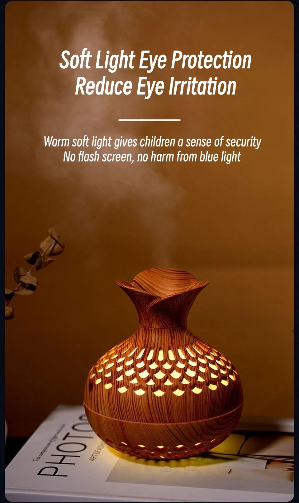 Humidificador USB de grano de madera hueco, difusor de aroma, atomizador, humidificador doméstico, instrumento hidratante, humidificador de escritorio.