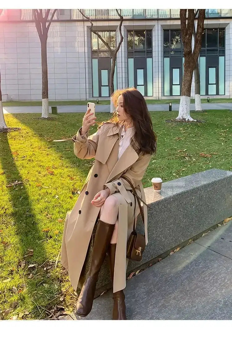 Streetwear Loose Trench Coat Midi Length Fashion Korean Elegant Khaki Black Women's Windbreaker Coat Casual Double Breasted Tops - Lootquake