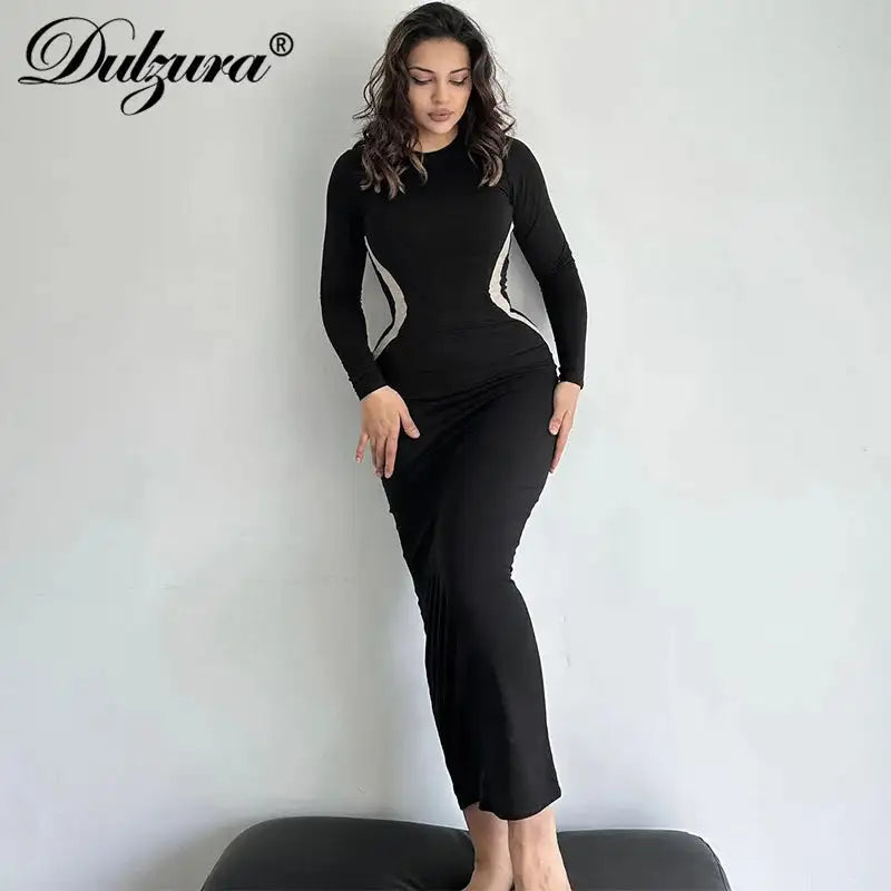 Hawthaw Women 2023 Autumn Winter Long Sleeve Party Club Streetwear Bodycon Black Long Dress Wholesale Items For Business - Lootquake