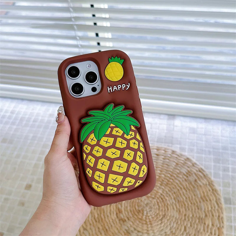 3D Cartoon Pineapple Telescopic Bracket Soft Silicone Phone Case For iPhone