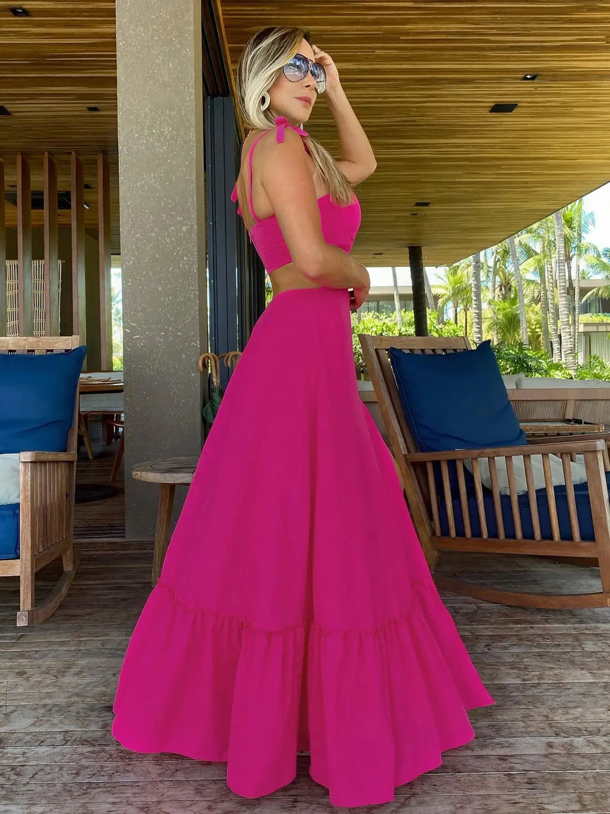 2024 Fashion New Women's Sexy Vacation Dress Solid Long Dress Cut Out Exposed Waist High Slit Suspender Long Skirt - Lootquake