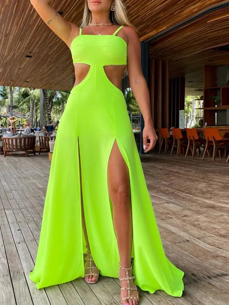 2024 Fashion New Women's Sexy Vacation Dress Solid Long Dress Cut Out Exposed Waist High Slit Suspender Long Skirt - Lootquake