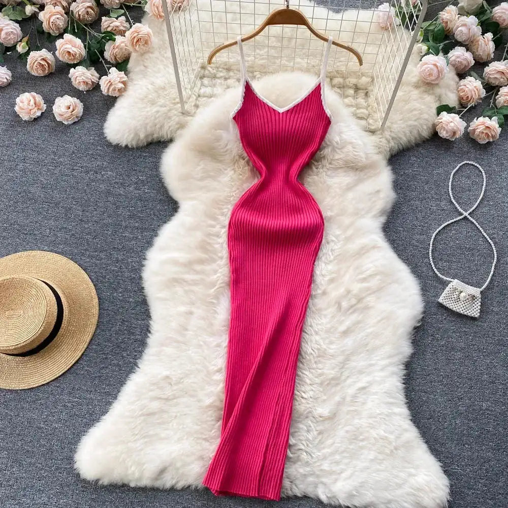 Summer V Neck Knit Sexy Strap Dress Women Elatic Waist Bodycon Sundress Female Beach Backless Maxi Long Dress - Lootquake