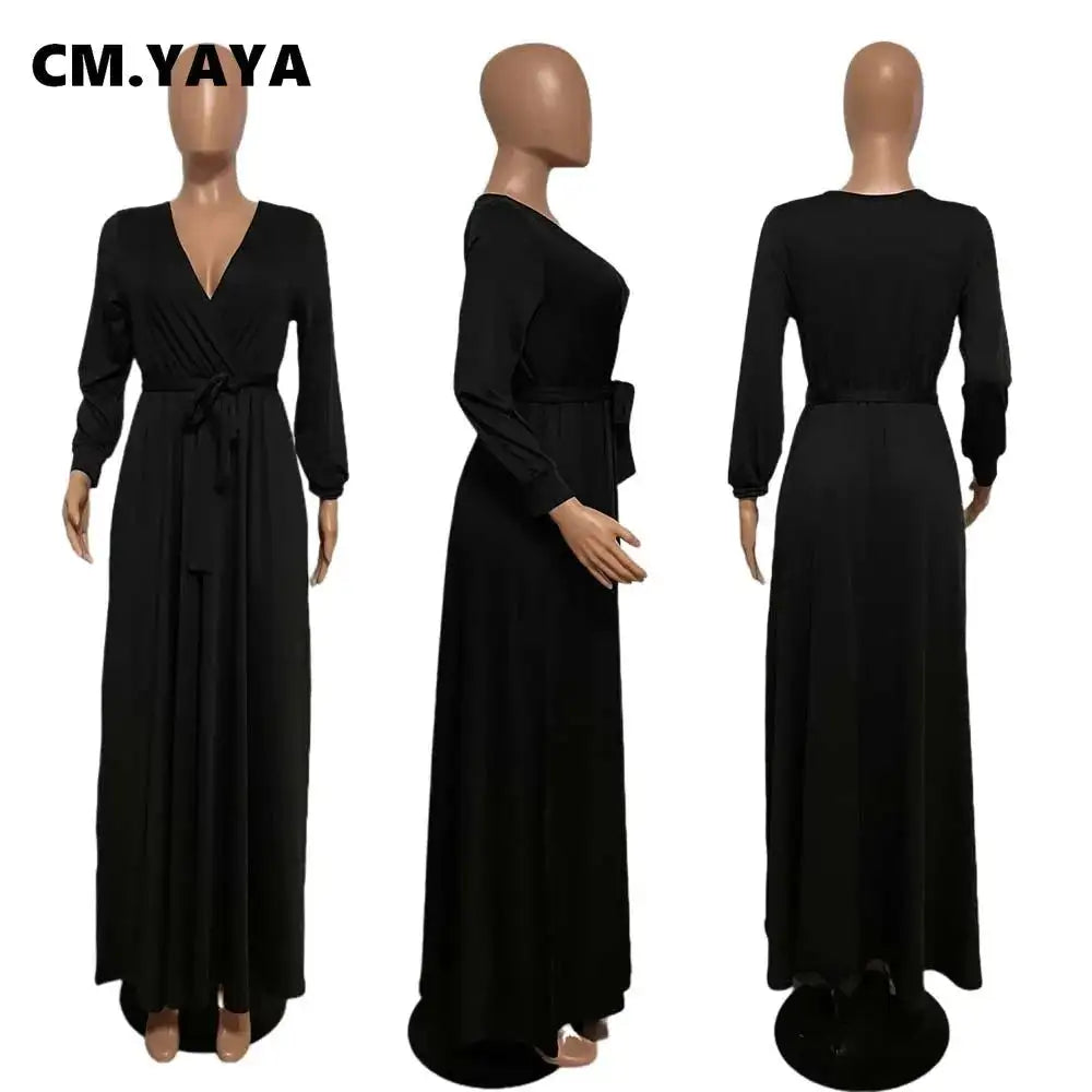CM.YAYA Elegant Women Wraped V-neck Long Sleeve with Sashes Maxi Long Dress Chic INS Sexy Party Prom Big Swing Pink Dresses - Lootquake