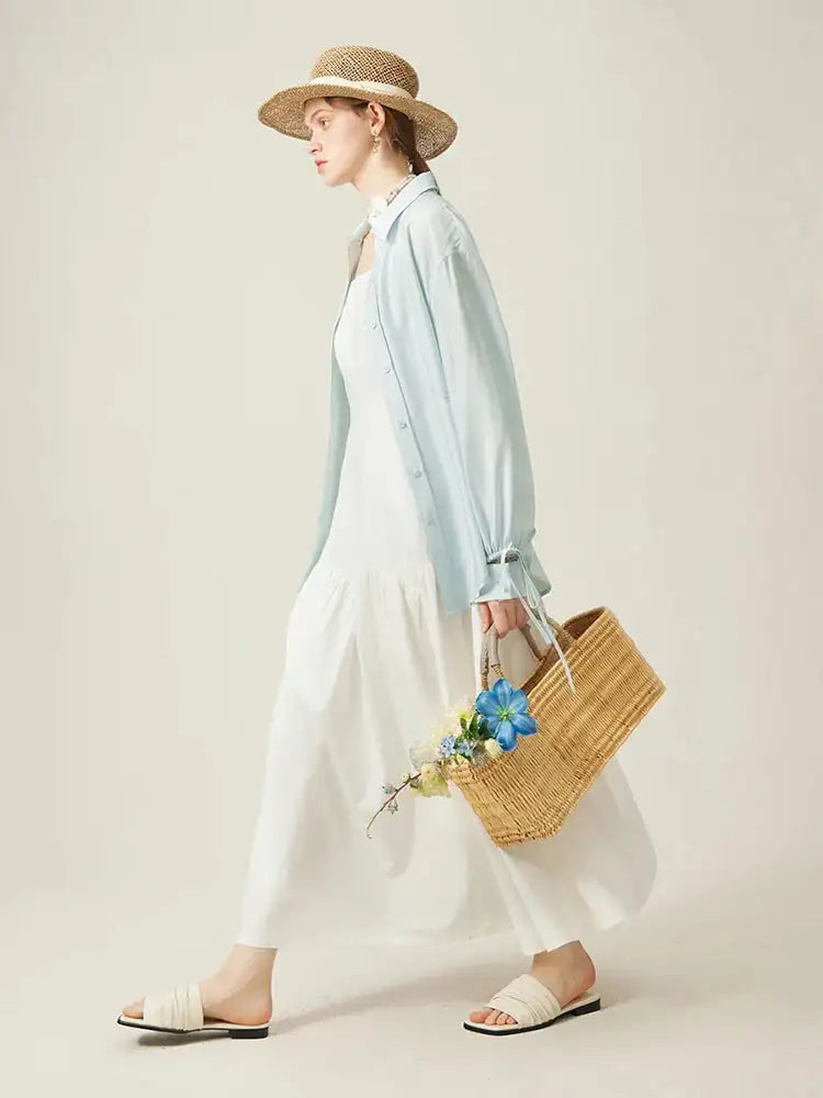 FSLE French White Suspender Long Dress 100% Cotton 2024 Summer New Loose Temperament Ankle-Length Female Dresses 24FS12048 - Lootquake