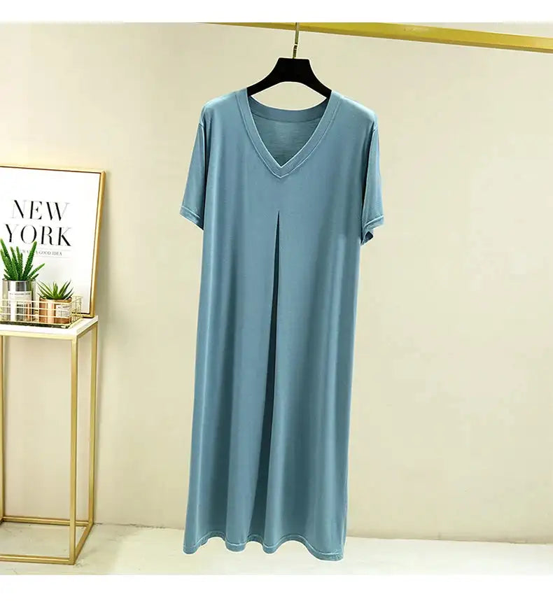 Modal Cotton Short Sleeved Nightdress for Women's Summer Casual Home Sleepwear V-neck Pleated Oversized Loose Hem Mid-Long Dress - Lootquake