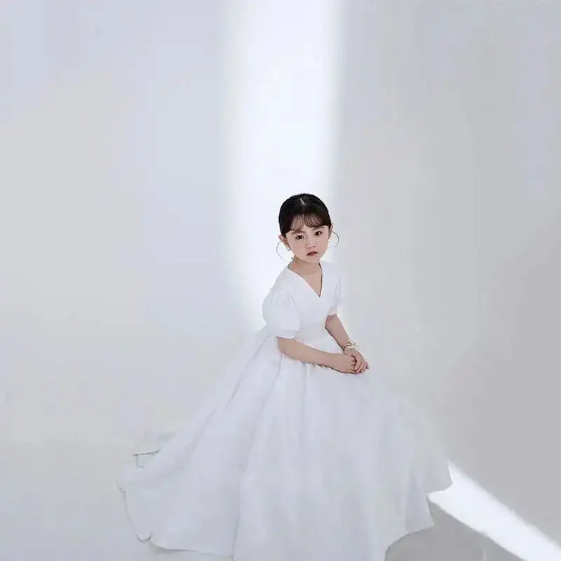 Children's Dress V-Neck White Patchwork Bow Short Sleeve Summer Clothes Fashion Girls Birthday Party Princess Long Dress 3-8year - Lootquake