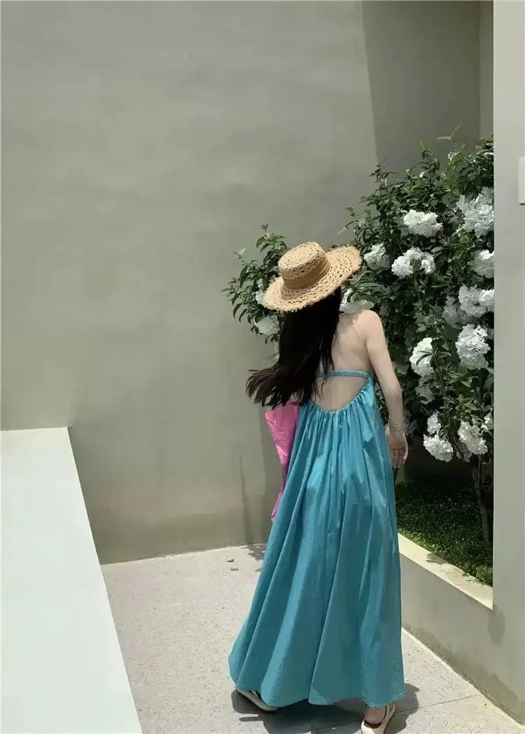 Summer Vacation Dress Thailand Style Open-back Halter Neck Age-reducing Photography Beach Long Dress Belted - Lootquake