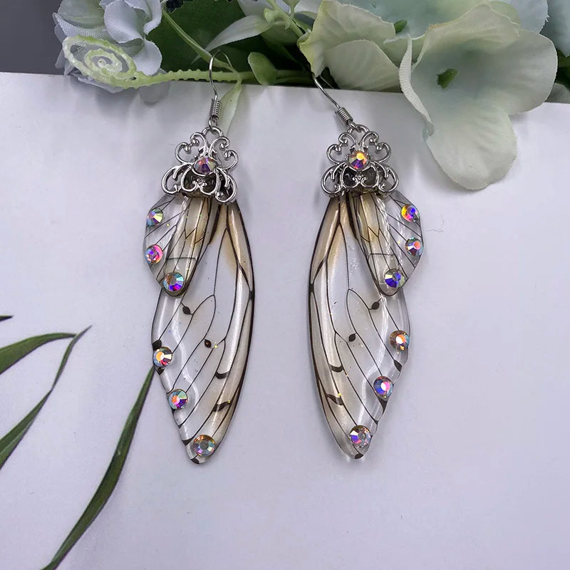 New Handmade Fairy Simulation Wing Earrings Insect Butterfly Wing Drop Earrings Foil Rhinestone Earrings Romantic Bridal Jewelry - Lootquake