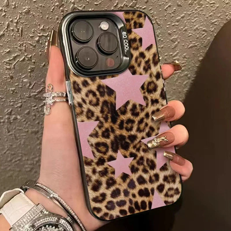 Funda rígida para teléfono con estampado de leopardo, estrellas y flores, chapada en mate