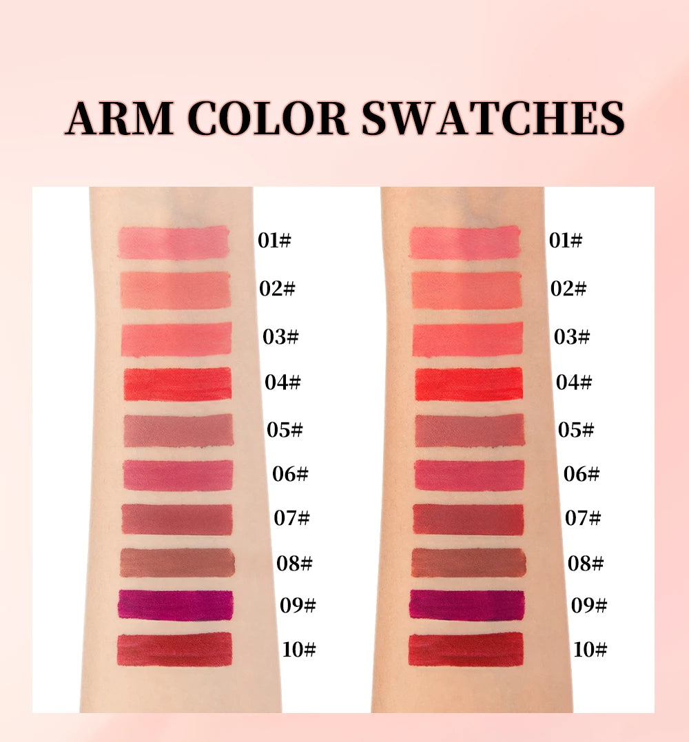 QIBEST 10 Couleurs Nude Mat Rouge à Lèvres Liquide Brillant à Lèvres Soyeux Imperméable Coupe Antiadhésive Teinte à Lèvres Rouge Violet Longue Durée Maquillage Durable