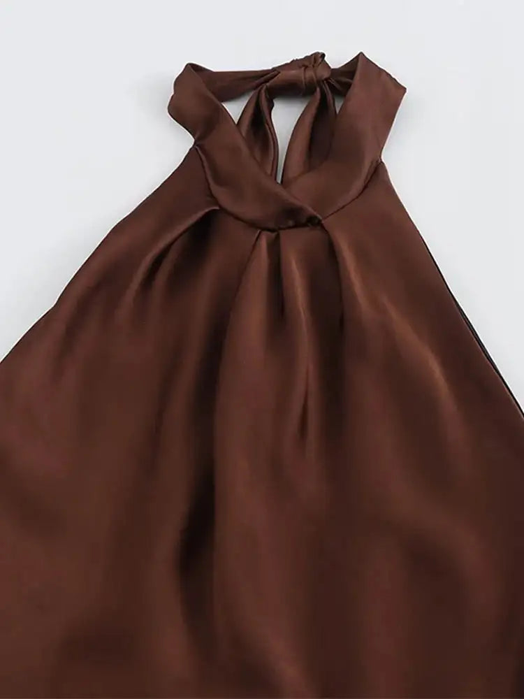 Off Shoulder Satin Halter Long Dress Woman Sexy Hanging Neck Female Pleated Dresses Summer Backless Midi Evening Party 2024 New - Lootquake