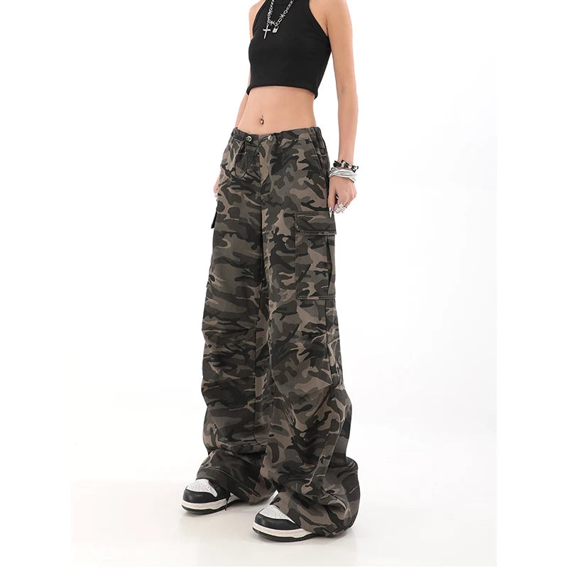 American Retro High Street Casual Overalls Camouflage Loose Wide Leg Pants For Women Y2k Hip-hop Cargo Grunge Baggy Trousers - Lootquake