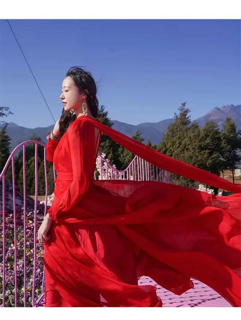 2025 Spring/Summer Silk Dress with Charm Seaside Vacation Beach Dress Red Extra Long Tailed Long Dress White Elegant And Gracefu - Lootquake