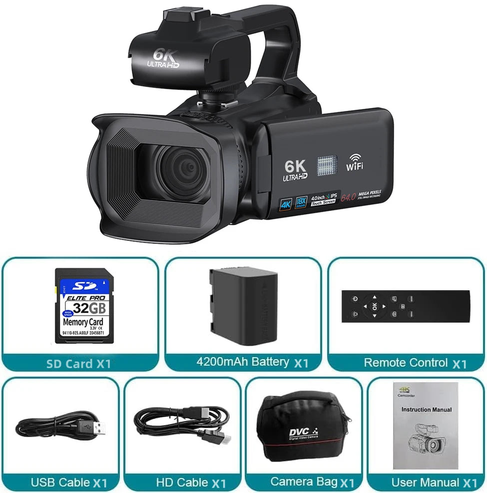 Videocámara de YouTube de 64 MP Cámara Ultra HD de 6K Videocámaras Cámara de transmisión con enfoque automático y zoom de 18X Cámara de video digital con pantalla táctil de 4.0"