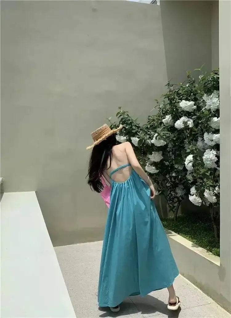 Summer Vacation Dress Thailand Style Open-back Halter Neck Age-reducing Photography Beach Long Dress Belted - Lootquake