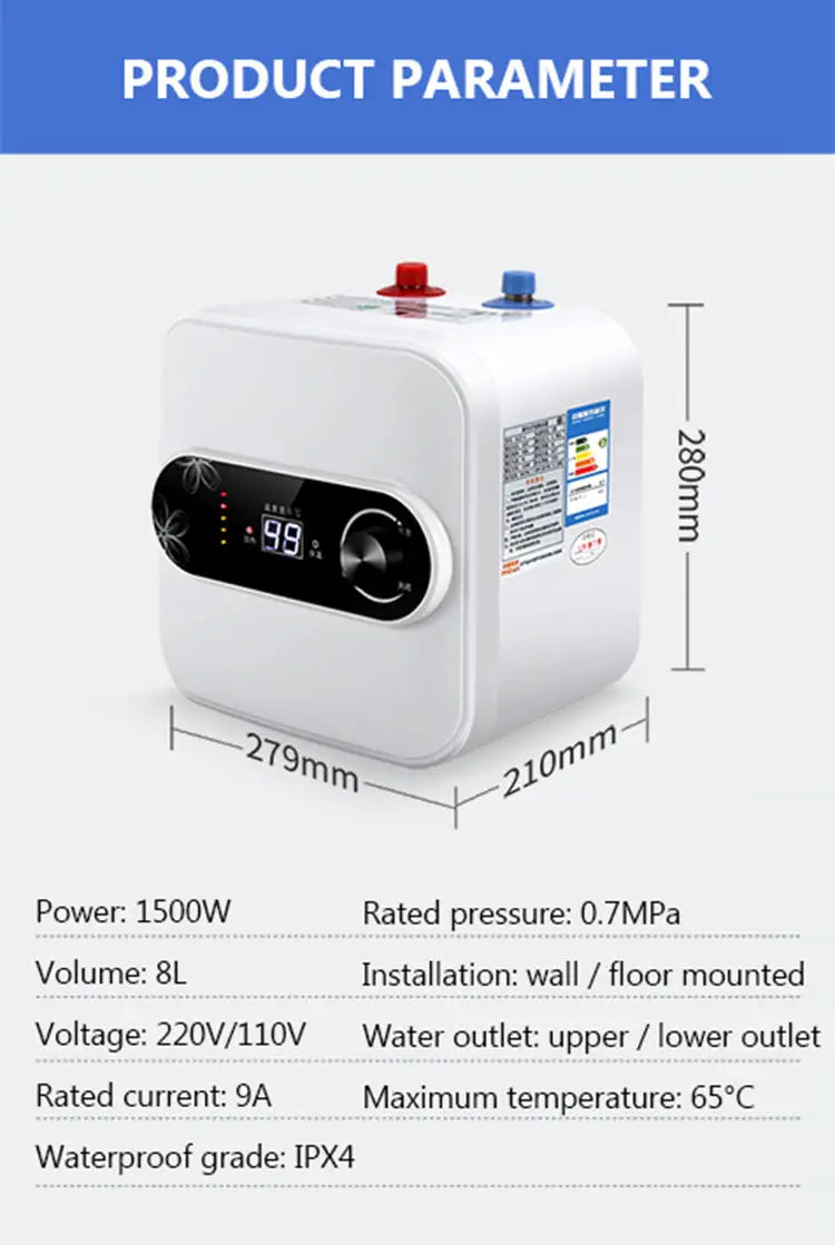 Chauffe-eau électrique instantané à stockage d'eau de 8 L, isolation thermique rapide, affichage numérique, bouton de contrôle du thermostat, entrée d'eau haut/bas