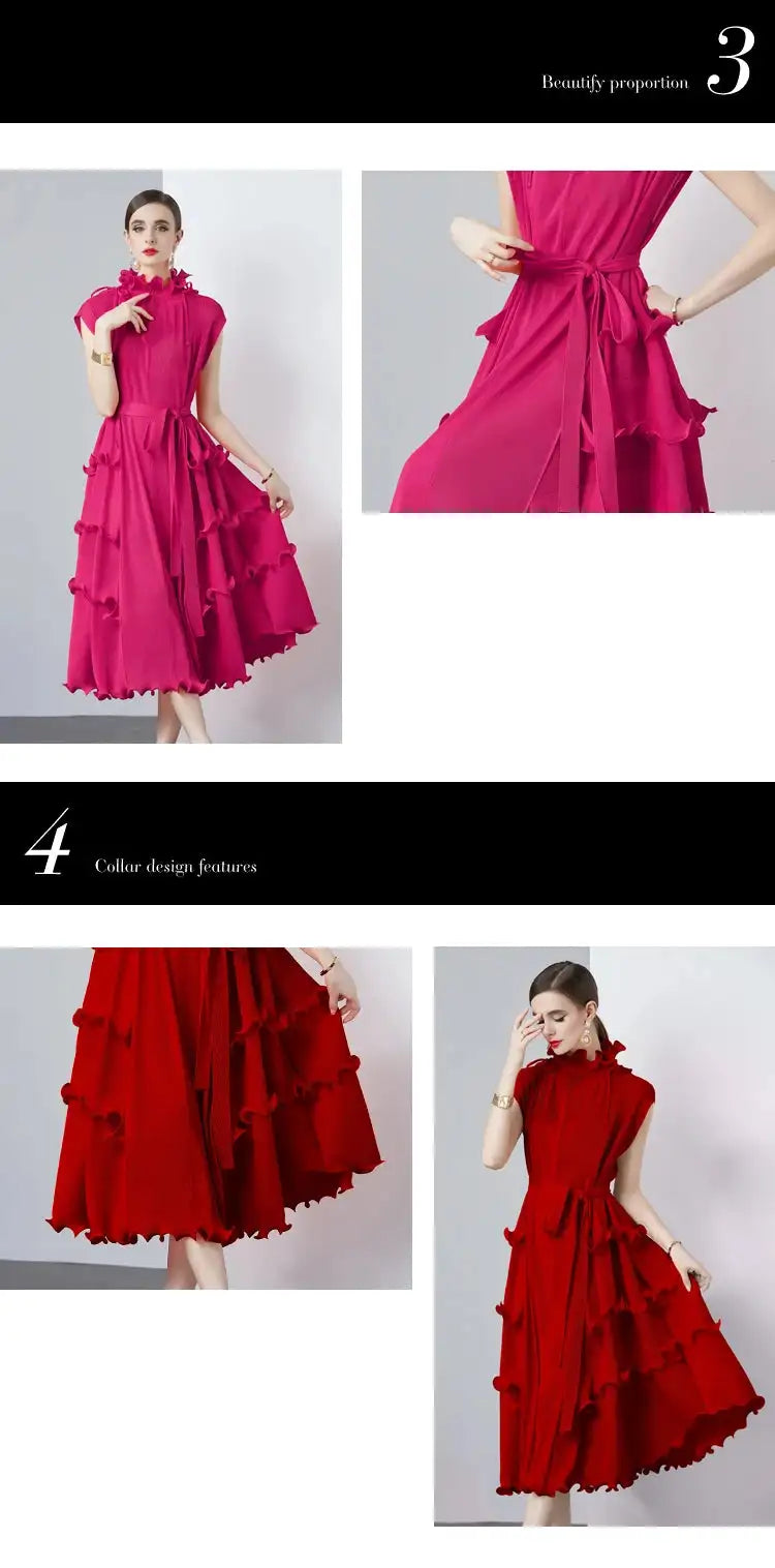 Miyake Pleated Shoulder Bag Heavy Industry Wood Ear Edge Pleated Lace-up Belt Long Dress Stand Collar Plus Size Women's Clothing - Lootquake