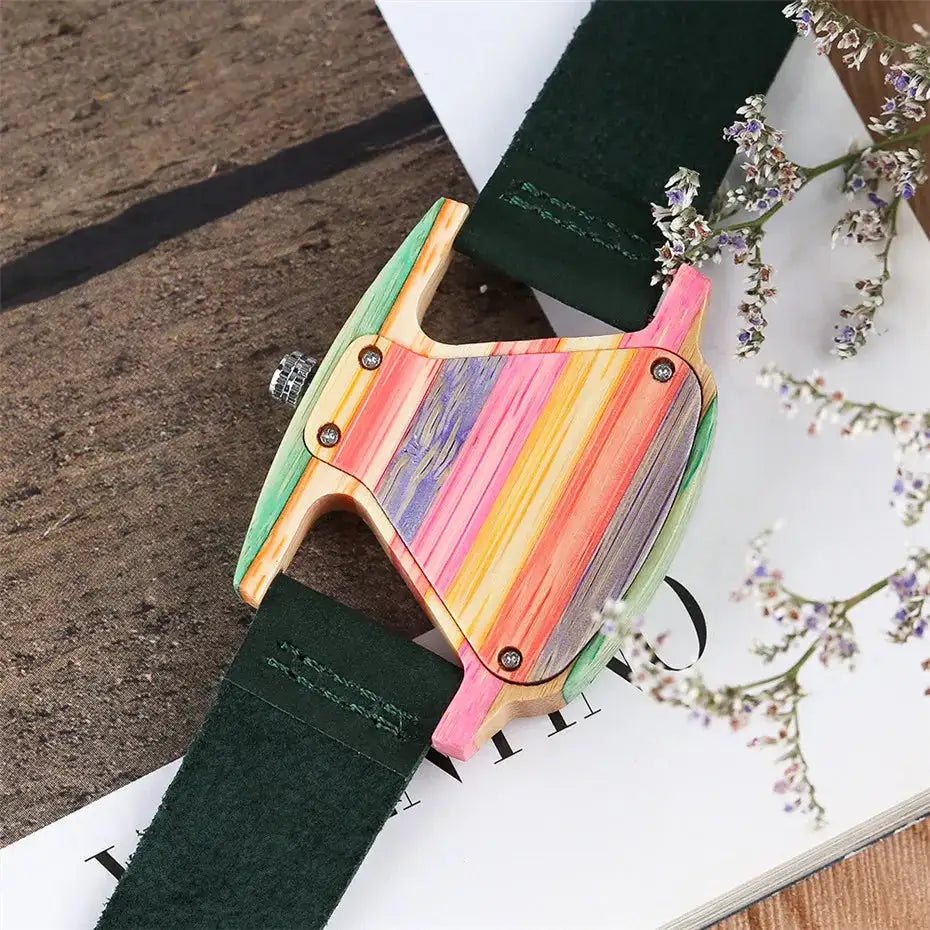 Unique Triangle Women's Wood Watch Creative Colorful Lady Green/ Red Genuine Leather Wristwatch Elegant Womens Watches Top Gifts - Lootquake