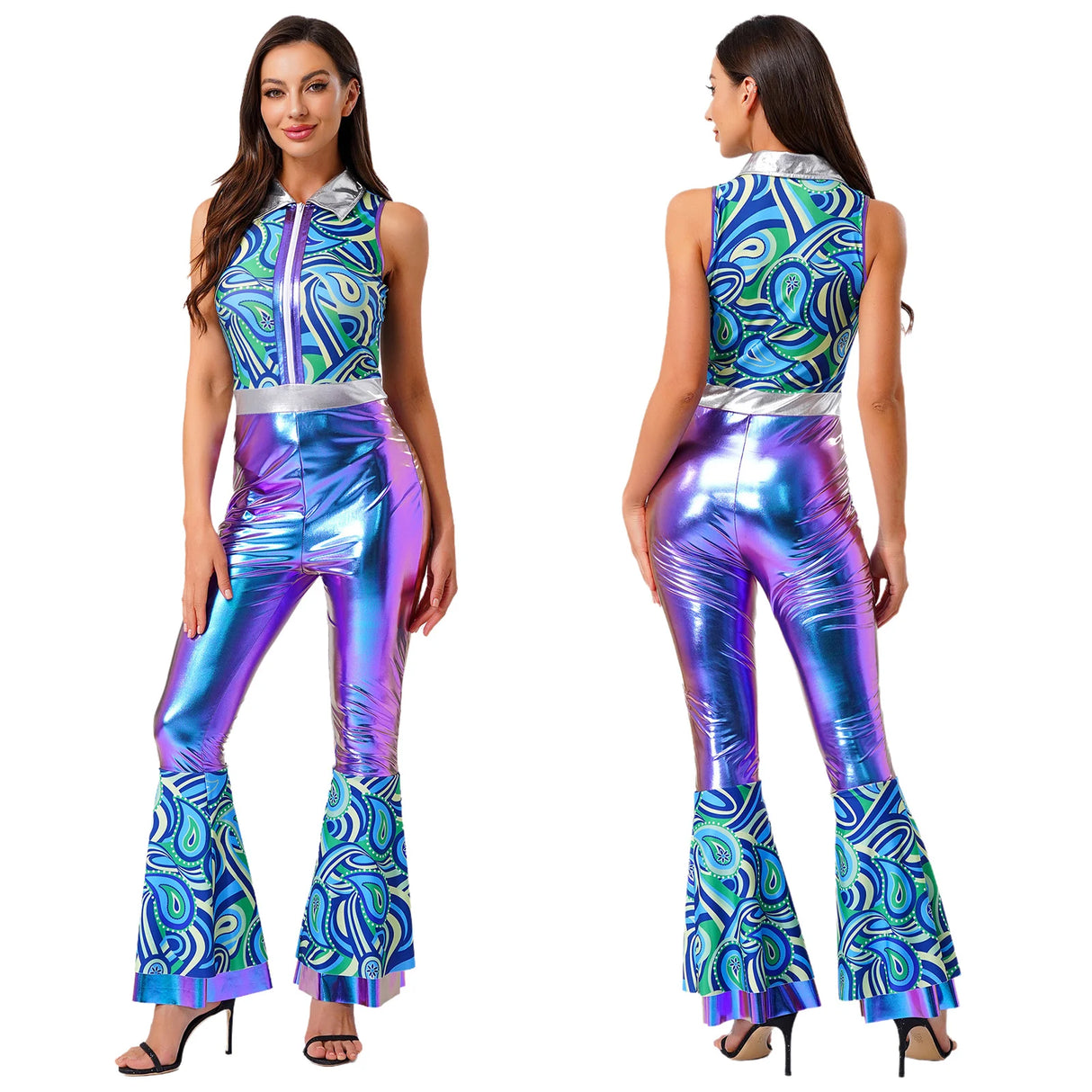 Womens Halloween Retro Hippie Cosplay Costume Party Hip-hop Dance Costume Metallic Shiny Vintage Carnival Bodysuit Jumpsuit