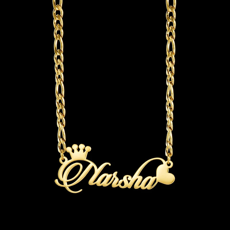 Goxijite Custom Name Collar Customized Crown Heart Nameplate Charm Necklaces Figaro Chain Stainless Steel Women Jewelry Gift - Lootquake