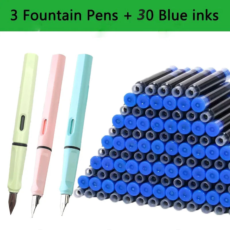 Juego de 33 plumas estilográficas Kawaii con tinta reemplazable, tinta negra, azul y roja EF de 0,38 mm, bolígrafos escolares, material de oficina, papelería para escribir.