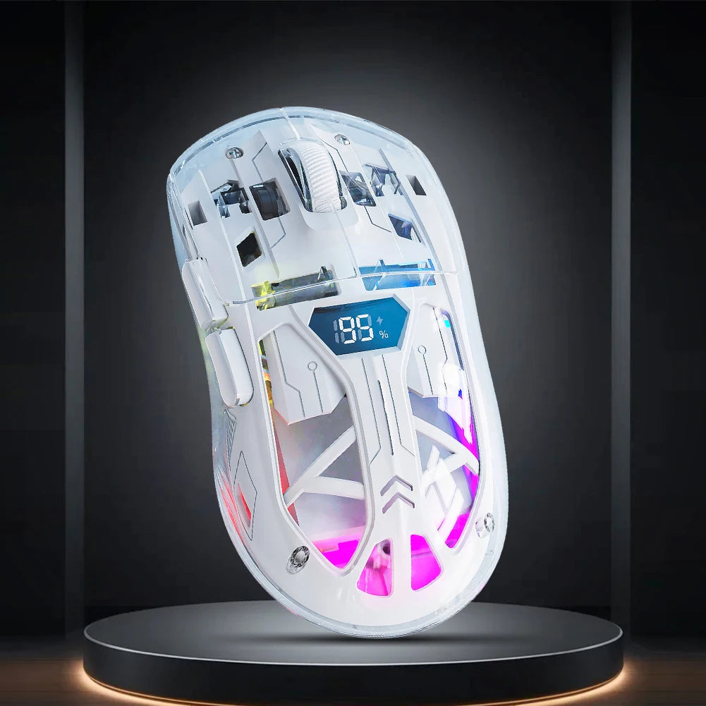 Souris de jeu sans fil transparente 2,4 GHz + BT5.0, affichage numérique, connexion multi-appareils, 5 niveaux de DPI pour ordinateur portable/téléphone/PC