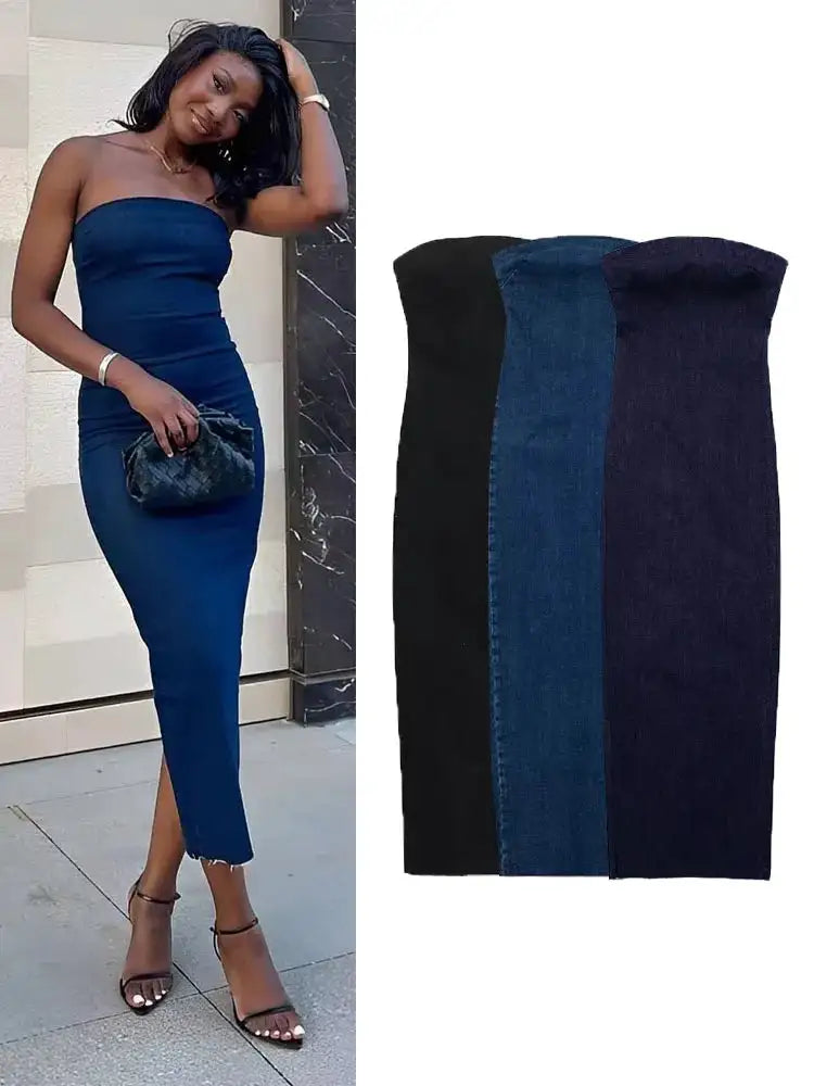 TRAF Off Shoulder Denim Dress Woman Blue Corset Long Dress Women Midi Bodycon Dresses For Women 2023 Elegant Party Dresses - Lootquake
