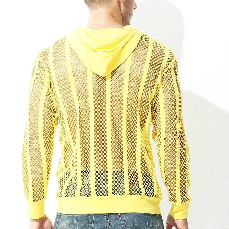 Men Mesh Shirt Transparent Long Sleeve Men Clothing Sexy Solid Party Nightclub Hooded Tops - Lootquake