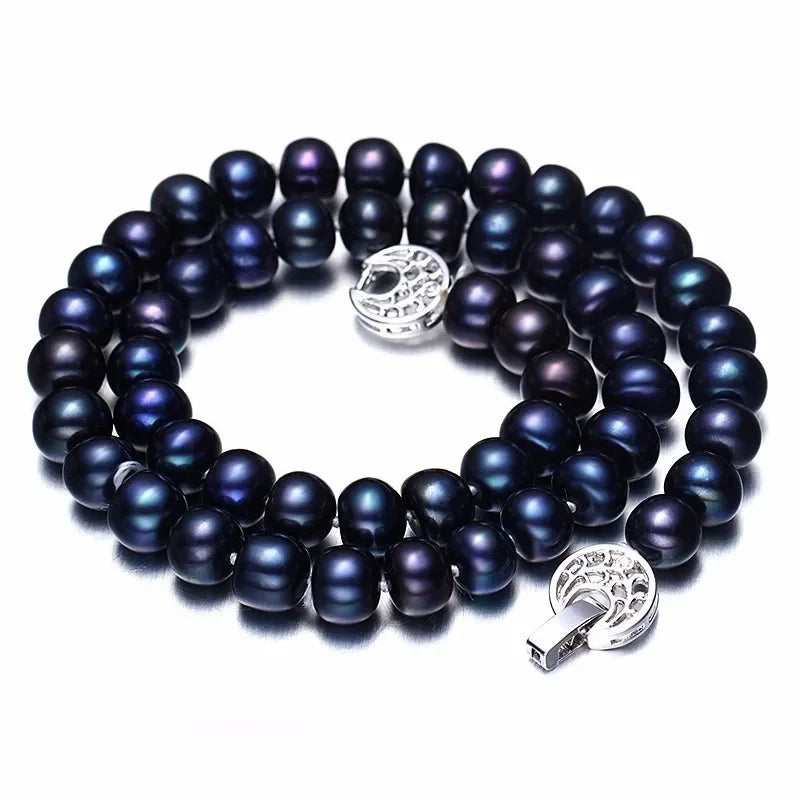 Women Natural Black Freshwater Pearl Jewelry Sets,925 Sterling Silver Necklace&Bracelet,9-10mm Beads Jewelry,Life Tree Buckle - Lootquake