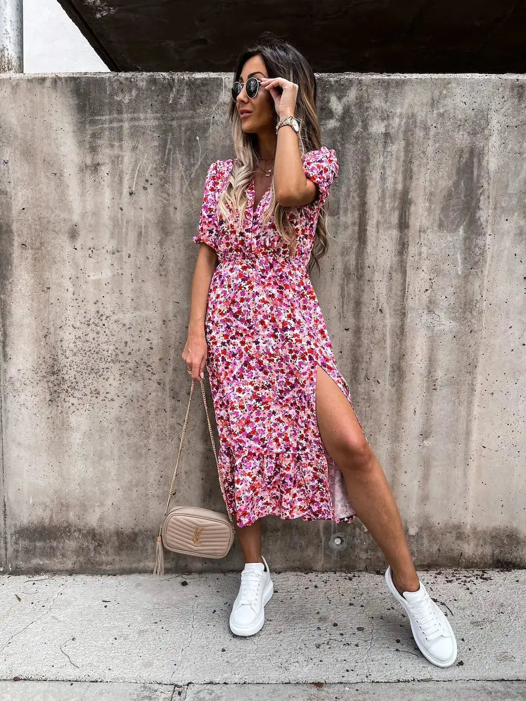 Summer Floral Print Dress Women V Neck Side Slit Long Dress Elegant Short Sleeve Button Slim Spring Female Party Dress Vestidos - Lootquake