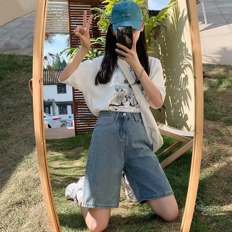 Feynzz Fashion Summer Half Women Denim Shorts High Waist Belted Loose Female Short Jeans Streetwear - Lootquake