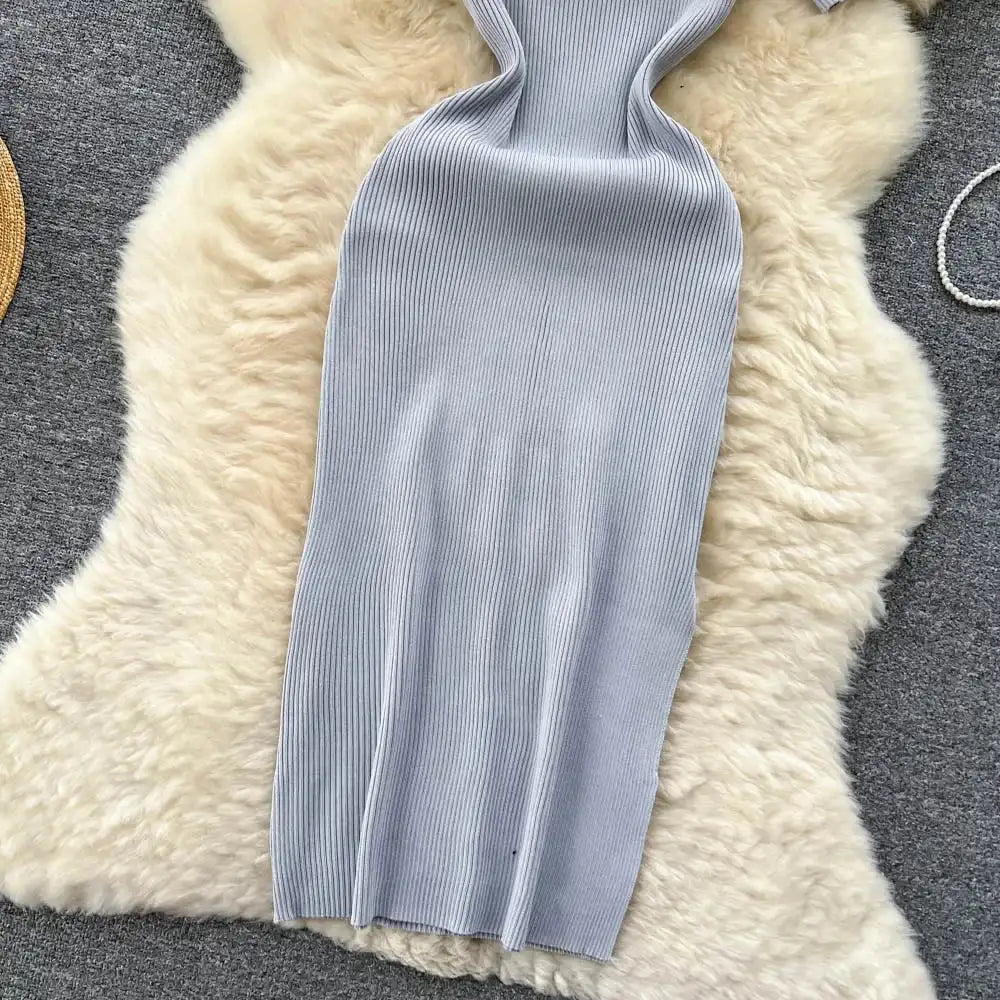 Green 2024 Sexy Summer Knit Short Sleeve Dress Women Squar Collar Waist Bodycon Sundress Female Beach Backless Long Dress - Lootquake