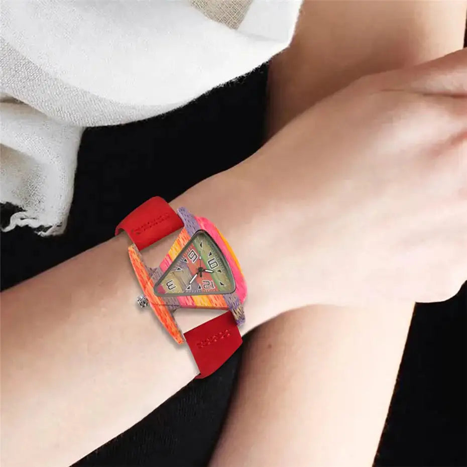 Unique Triangle Women's Wood Watch Creative Colorful Lady Green/ Red Genuine Leather Wristwatch Elegant Womens Watches Top Gifts - Lootquake