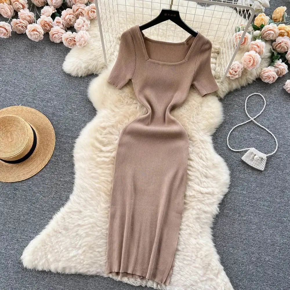 Green 2024 Sexy Summer Knit Short Sleeve Dress Women Squar Collar Waist Bodycon Sundress Female Beach Backless Long Dress - Lootquake