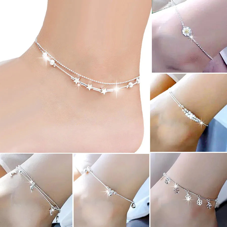 Silver color Stars Anklet Double Layer plated Charms Ankle Bracelet Jewellery Anklets For Women Foot Jewelry Love 2023 new hot - Lootquake
