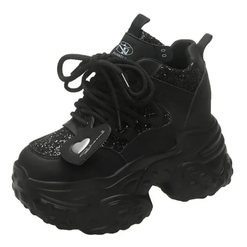 10.5CM Women Casual Platform Sneakers High Heels New Autumn Sports Leather Shoes Bling Trainers Chunky Sneaker Zapatos Mujer - Lootquake