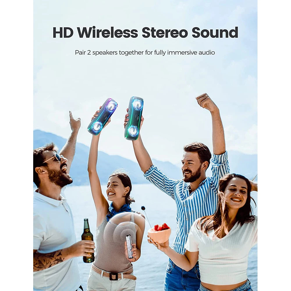 Altavoz Bluetooth WISETIGER para exteriores, resistente al agua IPX7, 25 W, BT5.3, estéreo envolvente con luces ecualizadoras pulsantes.